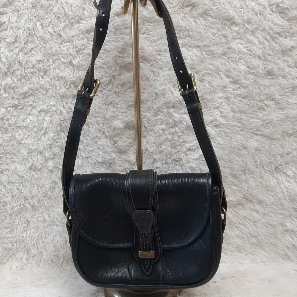 Vintage Bag by Calder of Canada Black Pebbled Leather Shoulder Bag w/ Solid Bras - Picture 2 of 11